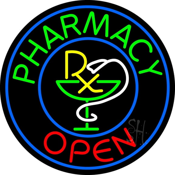 Round Pharmacy Open LED Neon Sign 18 x 18 - inches, Black Square Cut Acrylic Backing, with Dimmer - Bright and Premium built indoor LED Neon Sign for Defence Force.