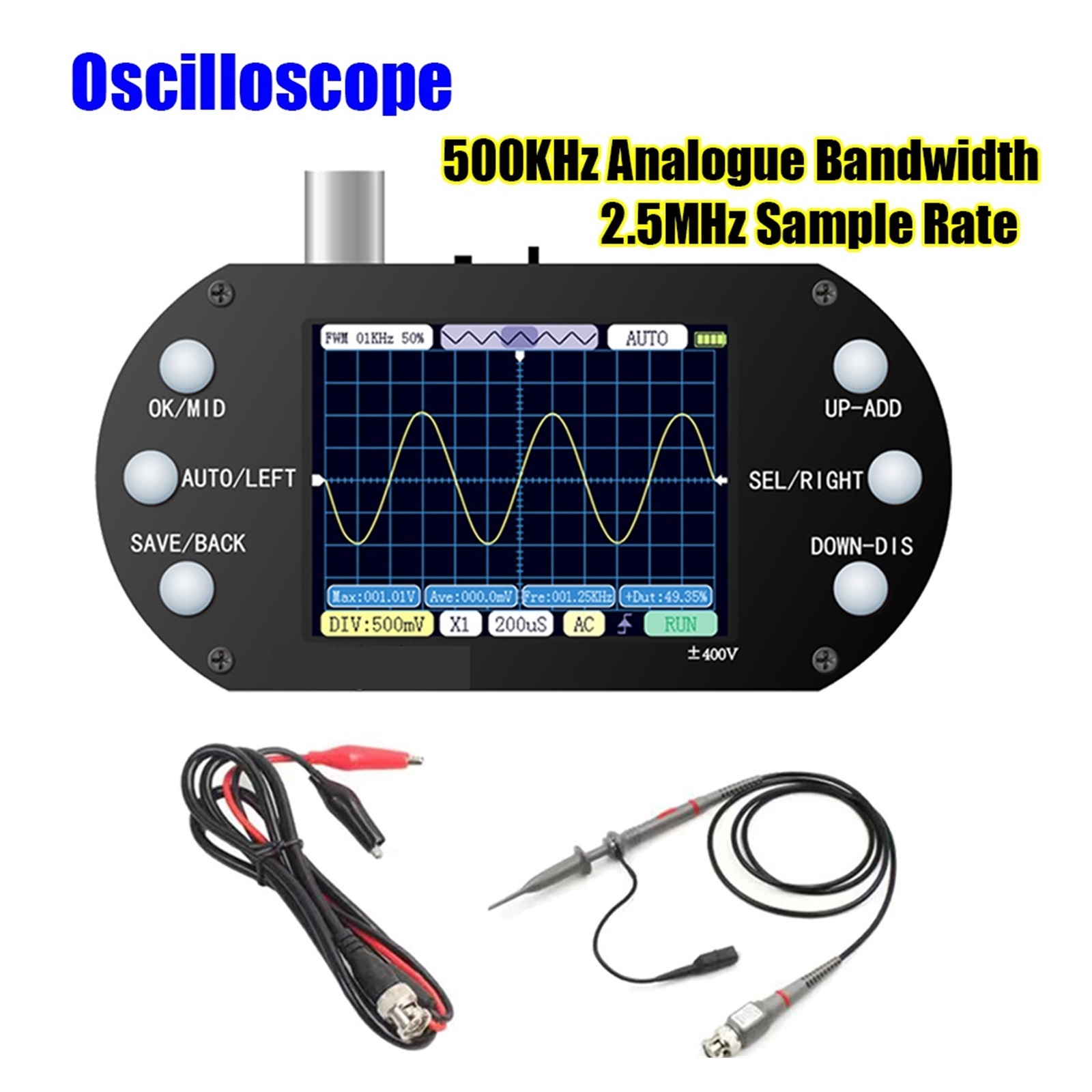 2.4inch Display Handheld Digital Oscilloscope 320*240 Resolution 2.5MHz Sample Rate 500KHz Bandwidth Oscillometer ,Professional Designed
