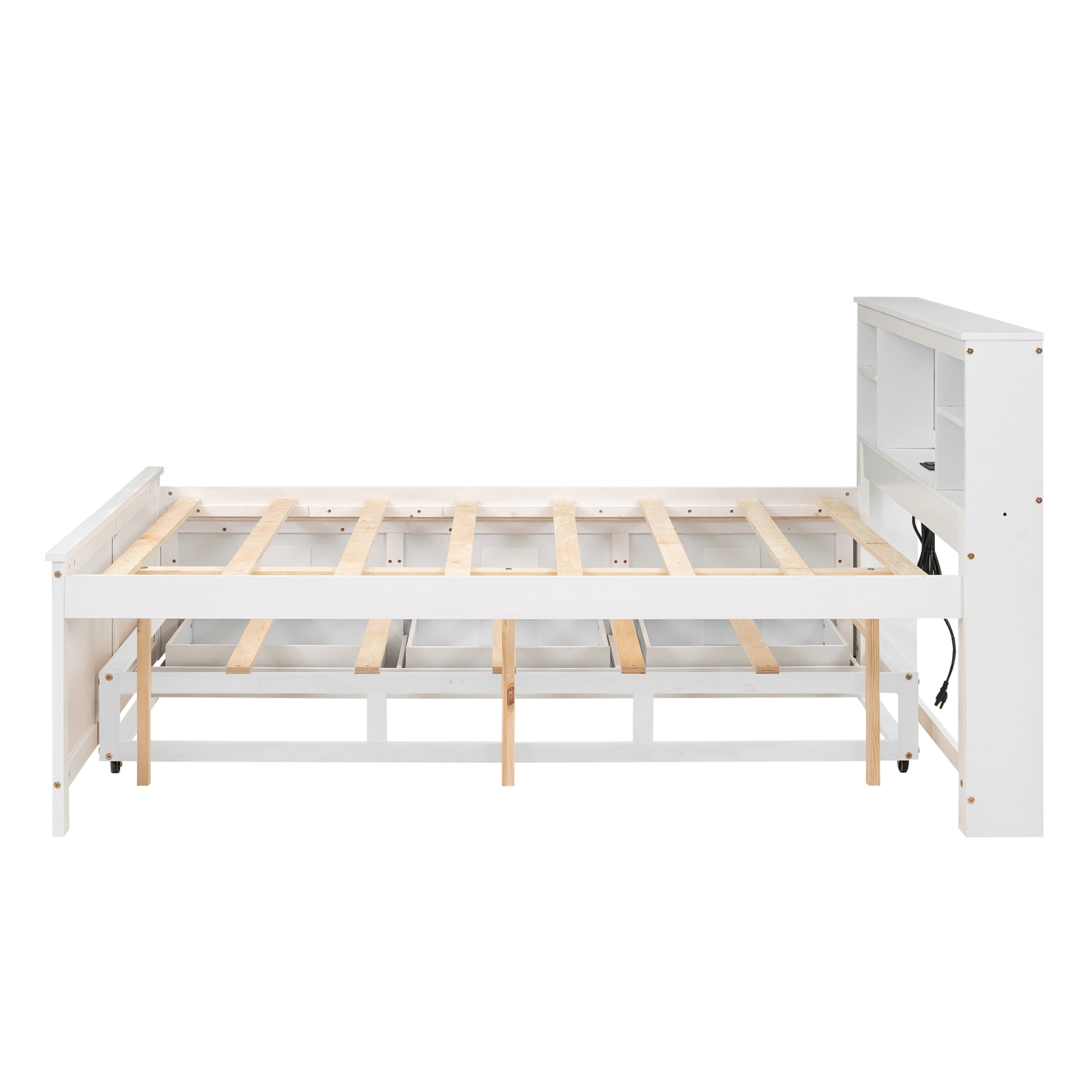 Noble House Nerissa Full Platform Bed with Bookcase Headboard, USB Ports, Extra Trundle and Storage Drawers, White