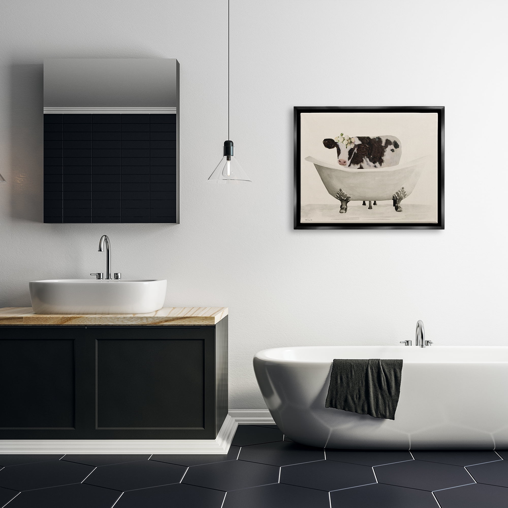 Stupell Industries Antique Bathtub Cow Animals & Insects Painting Black Floater Framed Art Print Wall Art, 31 x 25