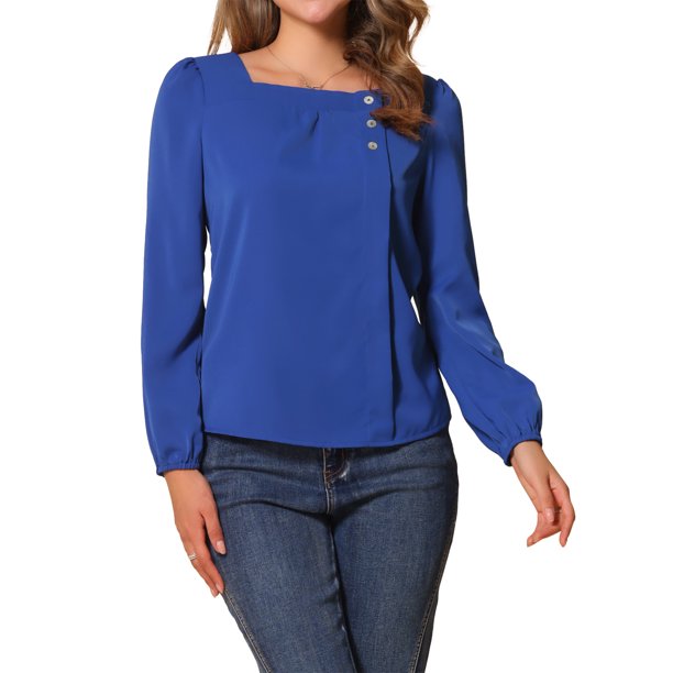 INSPIRAR CHIC Blusa de Manga Larga Sólida de Cuello Cuadrado para Mujeres, Casual, para el Trabajo y el Fin de Semana, XL Azul Real