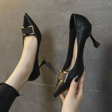 

High Heels Women‘s Stiletto Professional Work Shoes Pointed Mid-Heel Small Single-Layer Shoes Comfortable Stiletto Overalls Black Work Shoes