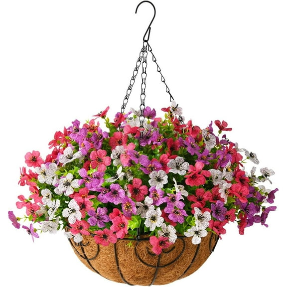 Artificial Hanging Flowers for Outdoor Indoor Spring Decor,Faux Silk Flower Arrangement,6 Branches Daisy with 12 Inch Coconut Lining Chain for Patio Garden Decoration(Purple Red Pink)