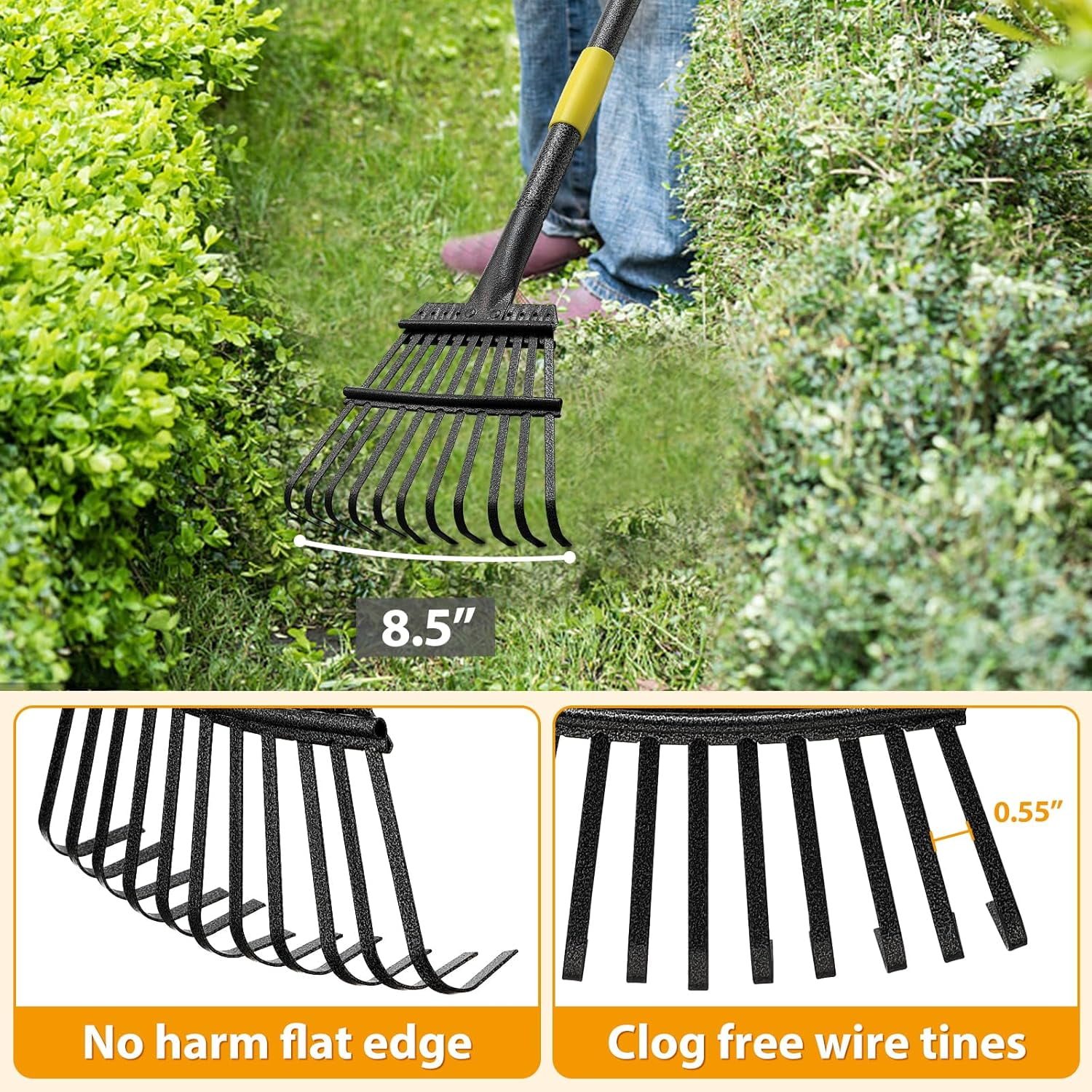 Rake, Garden Leaf Rakes for Lawns Heavy Duty, Yard Metal Rake Tools with 9" Small Narrow Head, 65” Adjustable Long Handle, 11 Steel Tines, Quick Clean up Shrub, Flower Bed, Camping