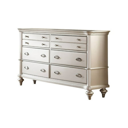 Benjara 63 Inch Wide 6 Drawer Dresser, Crystal Like Knobs, Molded Details, Silver
