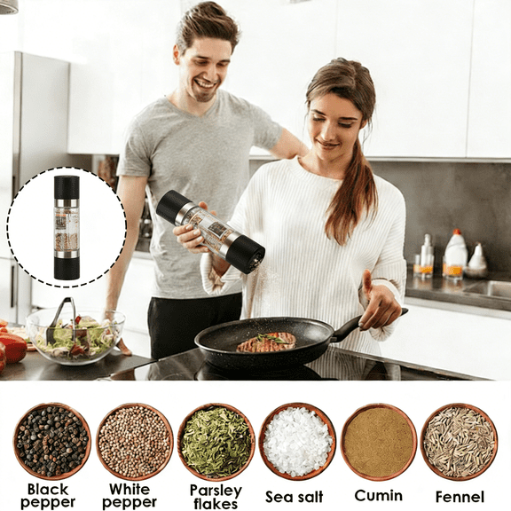 Double Head Pepper Grinder Set | 2-in-1 Manual Pepper Mill & Salt Grinder | Adjustable Coarseness with Ceramic Core | Refillable & Easy to Clean | 7.99 Inches Tall