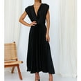 thumbnail image 2 of KIJBLAE Womens Pleating Swing Lace-up Backless Midi Dress Summer Fashion 2023 V Neck Dress Temperament Elegant Holiday Vacation Cap Sleeve Wedding Guest Plain Party Prom Beach Black S, 2 of 9