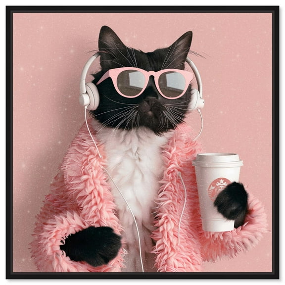 Glam Cat Headphones Canvas Cute Cat Art Prints by Art Remedy, Black Frame, 12" x 12"