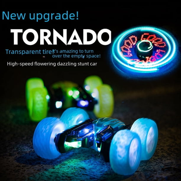 WOHUATOYS - Coche de control remoto con flores y acrobacias de doble cara, 2,4 g, luz LED, letras, tracción en las cuatro ruedas