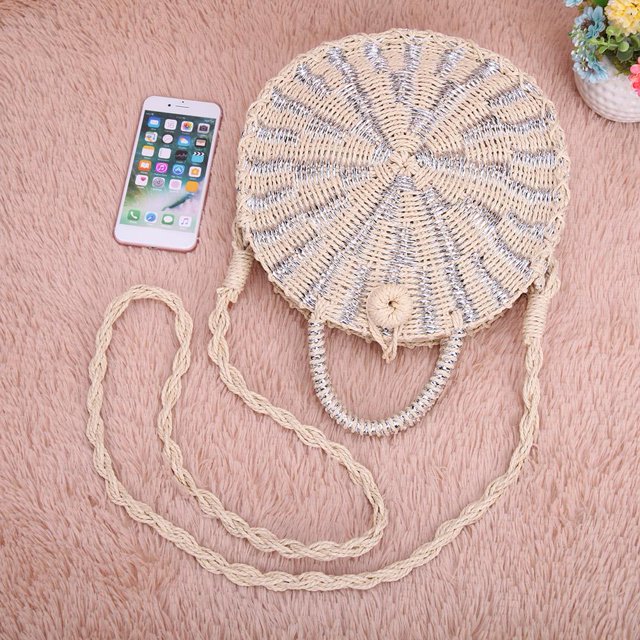 Bolsa de mensajero redondo tejido de ratán de playa de paja para mujer / Plata Ndcxsfigh Para Estrenar