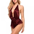 thumbnail image 3 of Women Lingerie Satin Bodysuit Teddy Babydoll One Piece Halter Pajamas Deep V Jumpsuit Short Nightwear, 3 of 5
