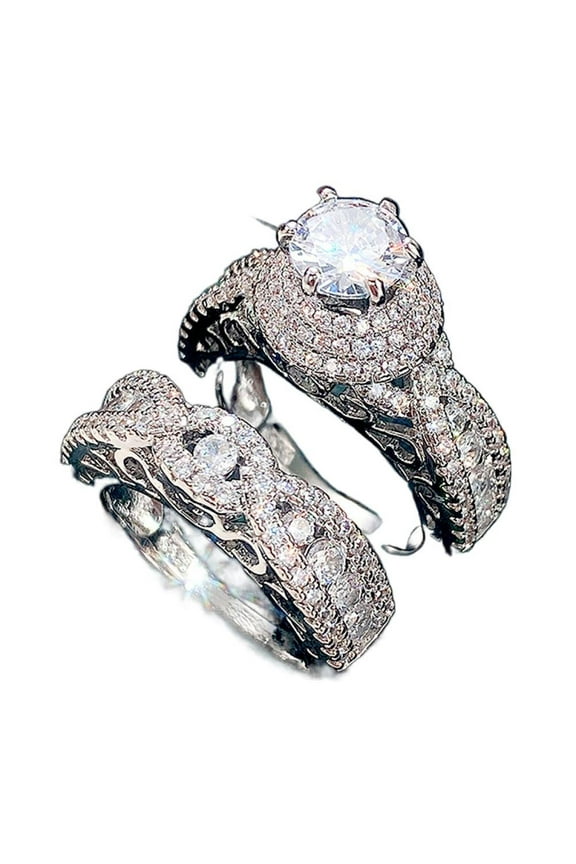 2pcs His and Hers Wedding Ring Sets Couples Engagement Rings Women and Men 925 Sterling Silver AAA Cubic Zirconia Double Layer