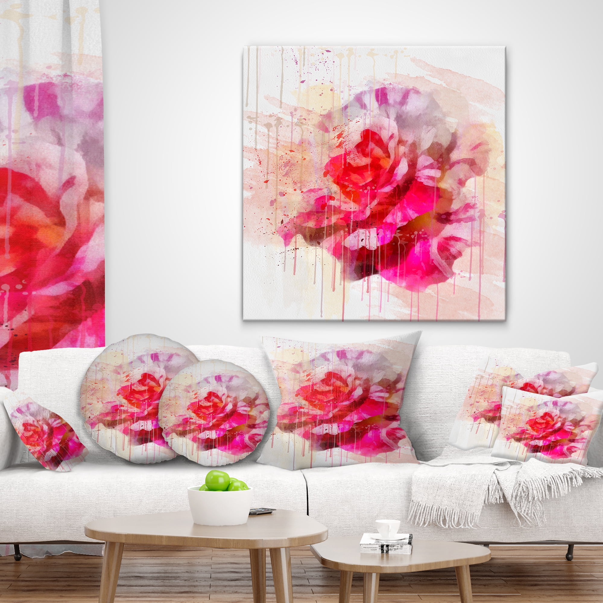 Designart Red Rose with Watercolor Splashes - Floral Throw Pillow - 12x20