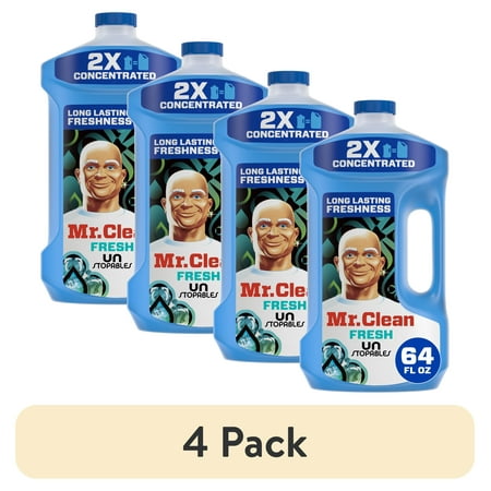 (4 pack) Mr. Clean 2X Concentrated Multi Surface, All Purpose Cleaner with Unstopables Fresh Scent, 64 fl oz