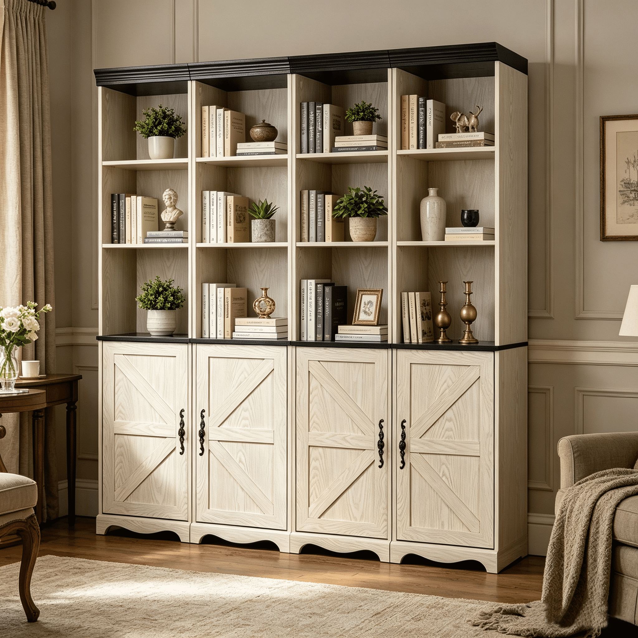 71" 4 Pcs Combined Storage Bookshelf Cabinet, 3 Tier Bookcase with Adjustable Shelf and Closed Cabinets