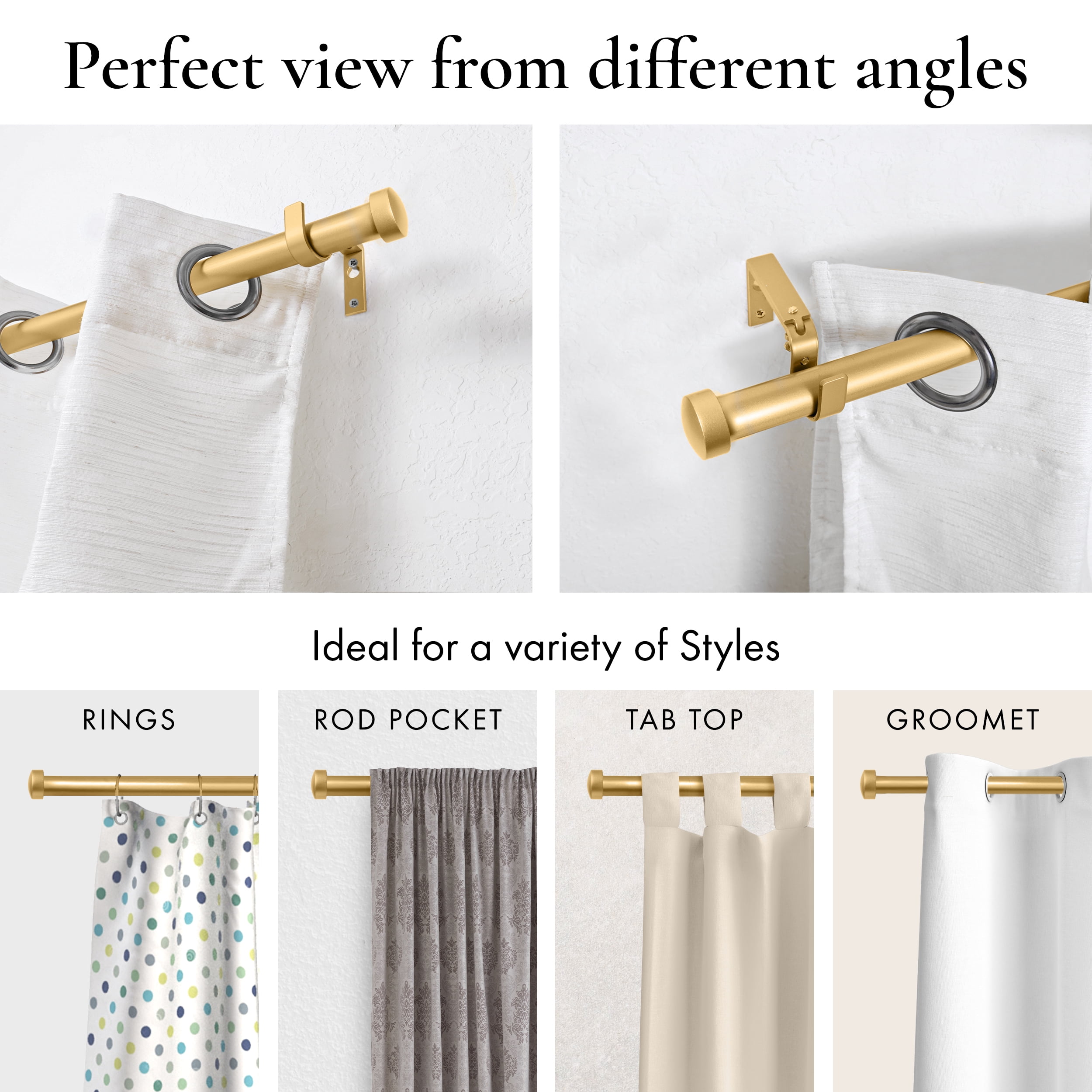 Meriville End Cap Single Curtain Rod, Gold, Adjustable 28-48 Inches, 1-Inch Diameter
