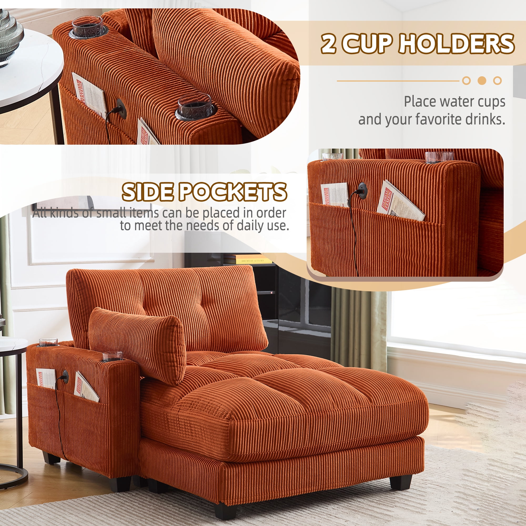 MOONMISS Corduroy Upholstered Soft Deep Seat Sleeper Sofa with USB,TYPE-C&2 Cup Holders-Orange
