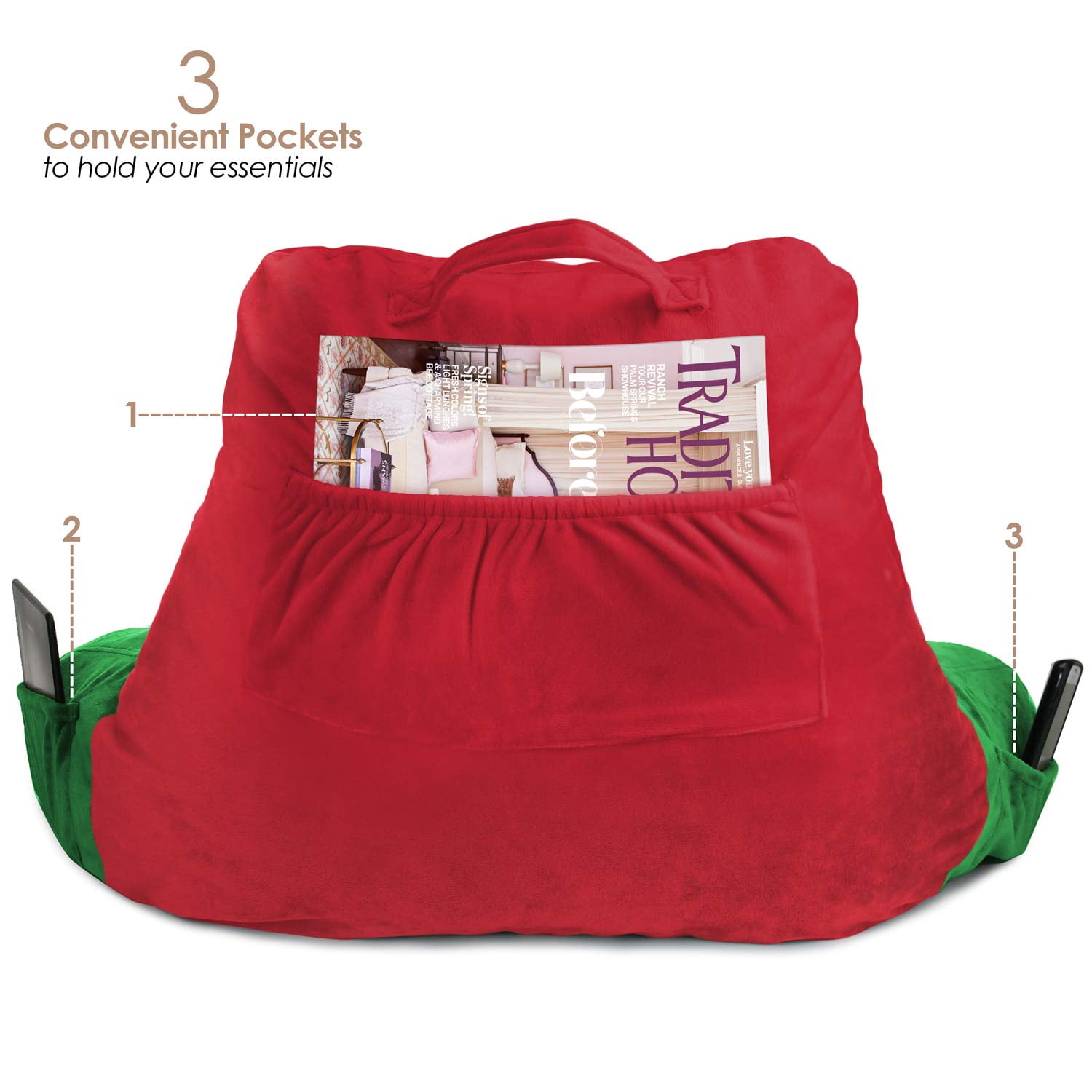 Clara Clark Backrest with Arms and Pockets- Premium Shredded Memory Foam, Medium, Red and Gray