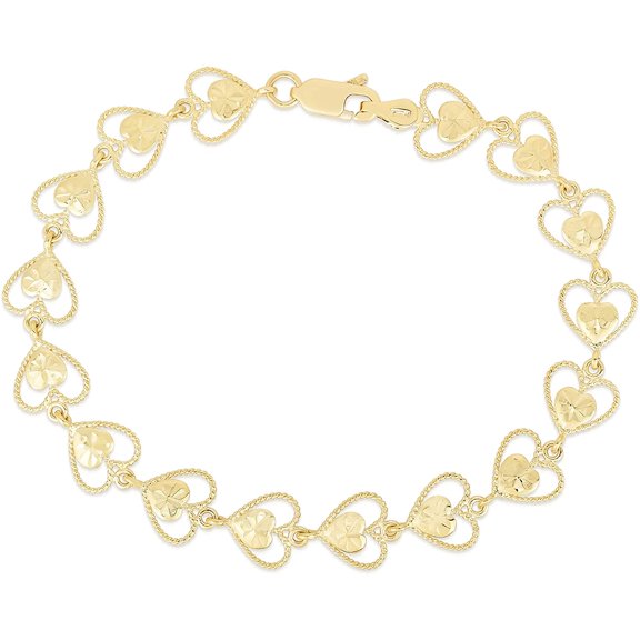 Floreo 10k Yellow Gold Filigree Open Heart Shape with Heart Diamond Cut Finish Link Bracelet