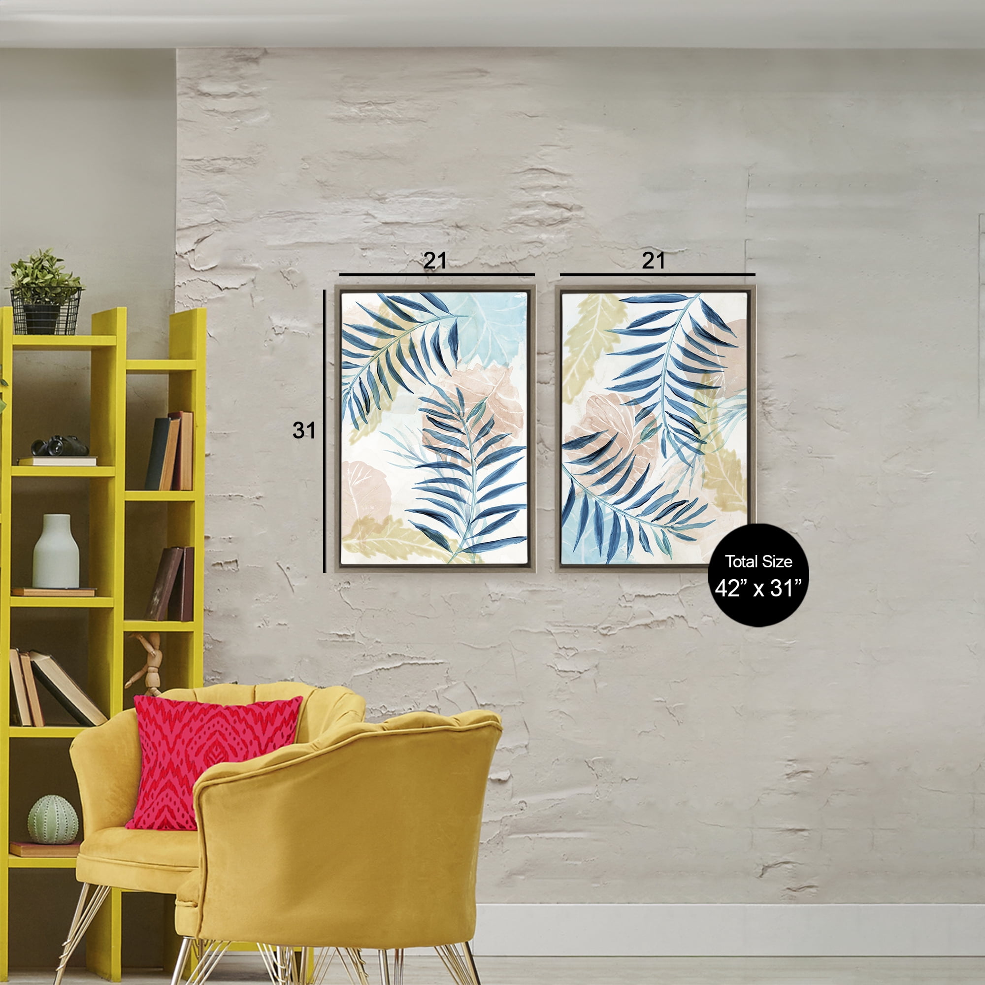 Stupell Industries Pastel & Blue Palm Fronds 2 Piece Brown Framed Floater Canvas Set, design by Nan