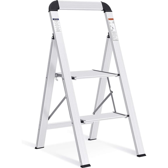 2-Step Aluminum Ladder with Handrail - Lightweight Foldable Step Stool with Non-Slip Pedals, 330LBS Capacity, Silver