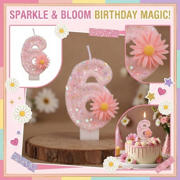 1-Piece Pink Daisy Number Birthday Candle with Sparkling Glitter, Cake Topper for Spring & Sweet Celebrations Number 6
