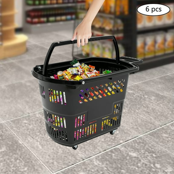 6PCS Shopping Carts with Wheels and Handle, 35L Plastic Rolling Shopping Basket, Portable Shopping Basket Set in Supermarkets and Retail Stores