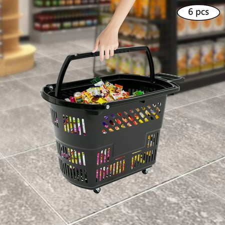 6PCS Shopping Carts with Wheels and Handle, 35L Plastic Rolling Shopping Basket, Portable Shopping Basket Set in Supermarkets and Retail Stores