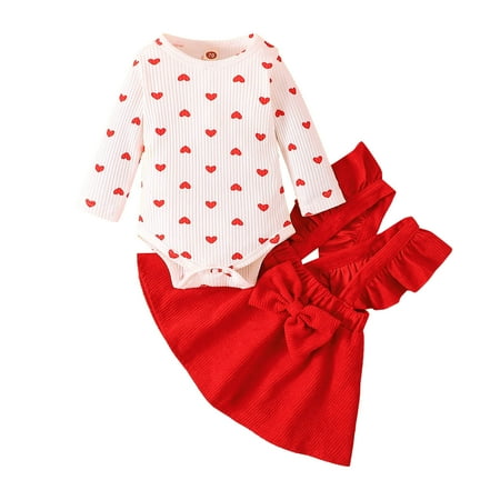 

Fsqjgq New Born Close for Girl Toddler Girls Valentine s Day Long Sleeve Hearts Printed Romper Bodysuits Bowknot Ruffles Skirt Outfits Sweatpants Outfit Set for Girls Cotton Blend Red 70