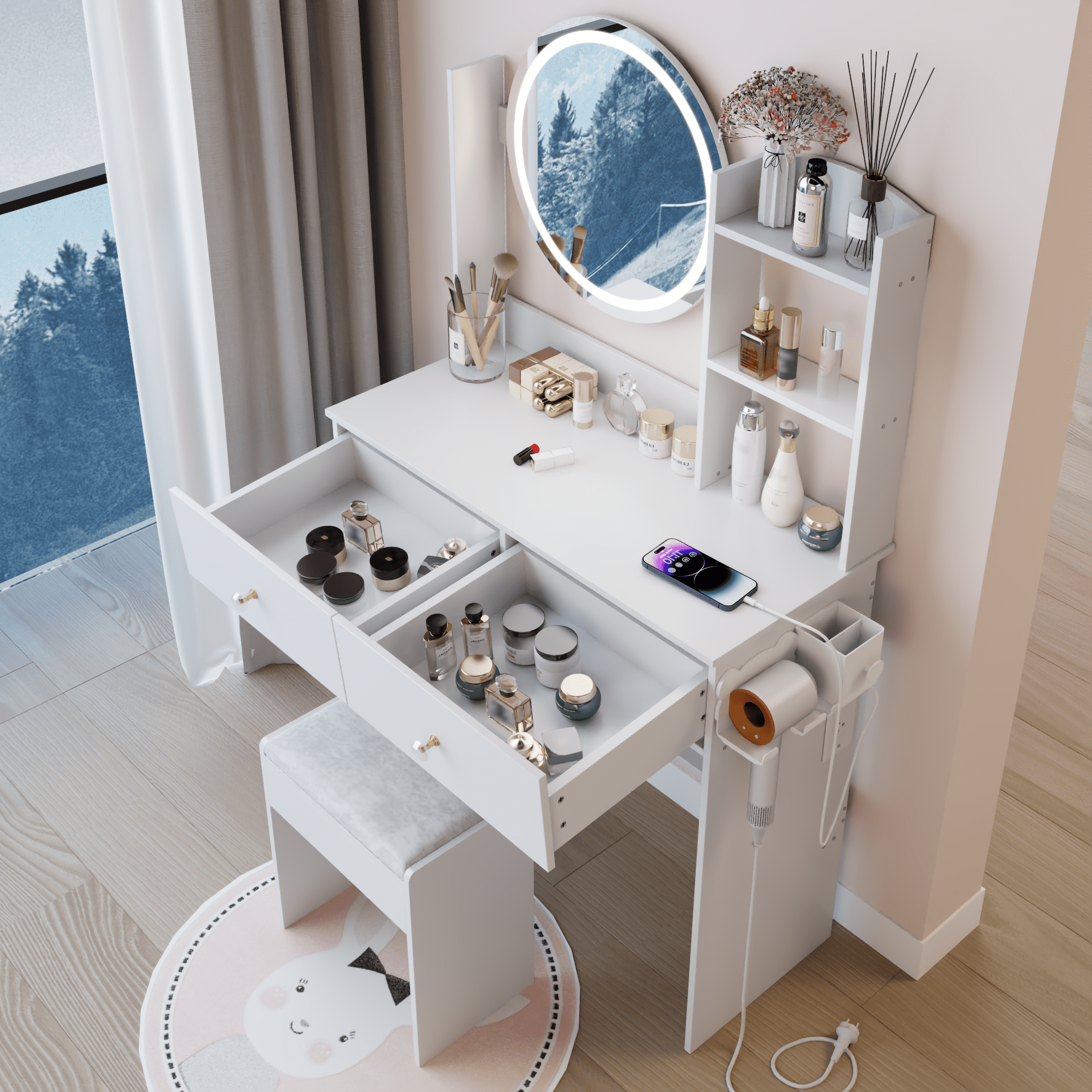 Leumius Makeup Vanity Desk with Mirror and Lights,Dressing Table with 2 Drawers,3 Color Lighting Brightness,Power Outlet & Hairdryer Holder,Spacious Drawer Makeup Table for Bedroom,White