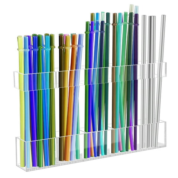 9.5” Acrylic Clear Straw Holder for Cabinet Door, Adjustable Straw Dispenser with Drain Hole and Double-Sided Tape, for Kitchen Cupboard Wall
