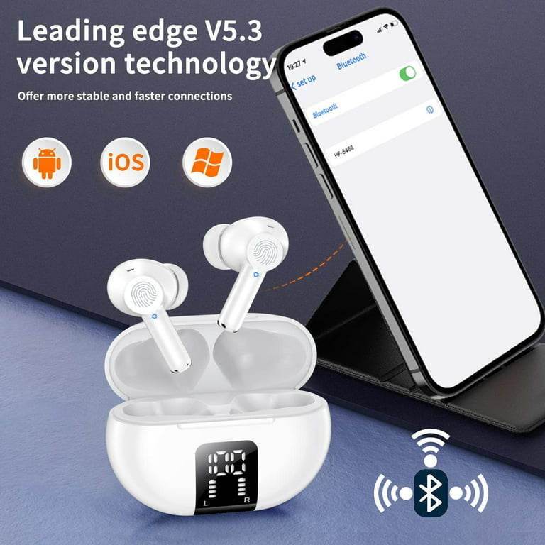 Bluetooth Headphones 60H Playtime Wireless Ear Buds with LED Power Display  Charging Case Earphones in-Ear Earbud with Microphone for Android Cell