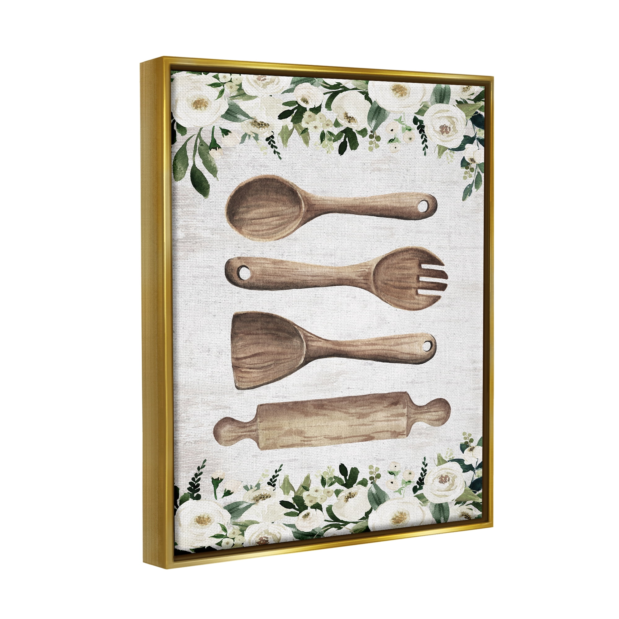 Stupell Industries Kitchen Utensils & Roses Botanical & Floral Painting Gold Floater Framed Art Print Wall Art, 17 x 21