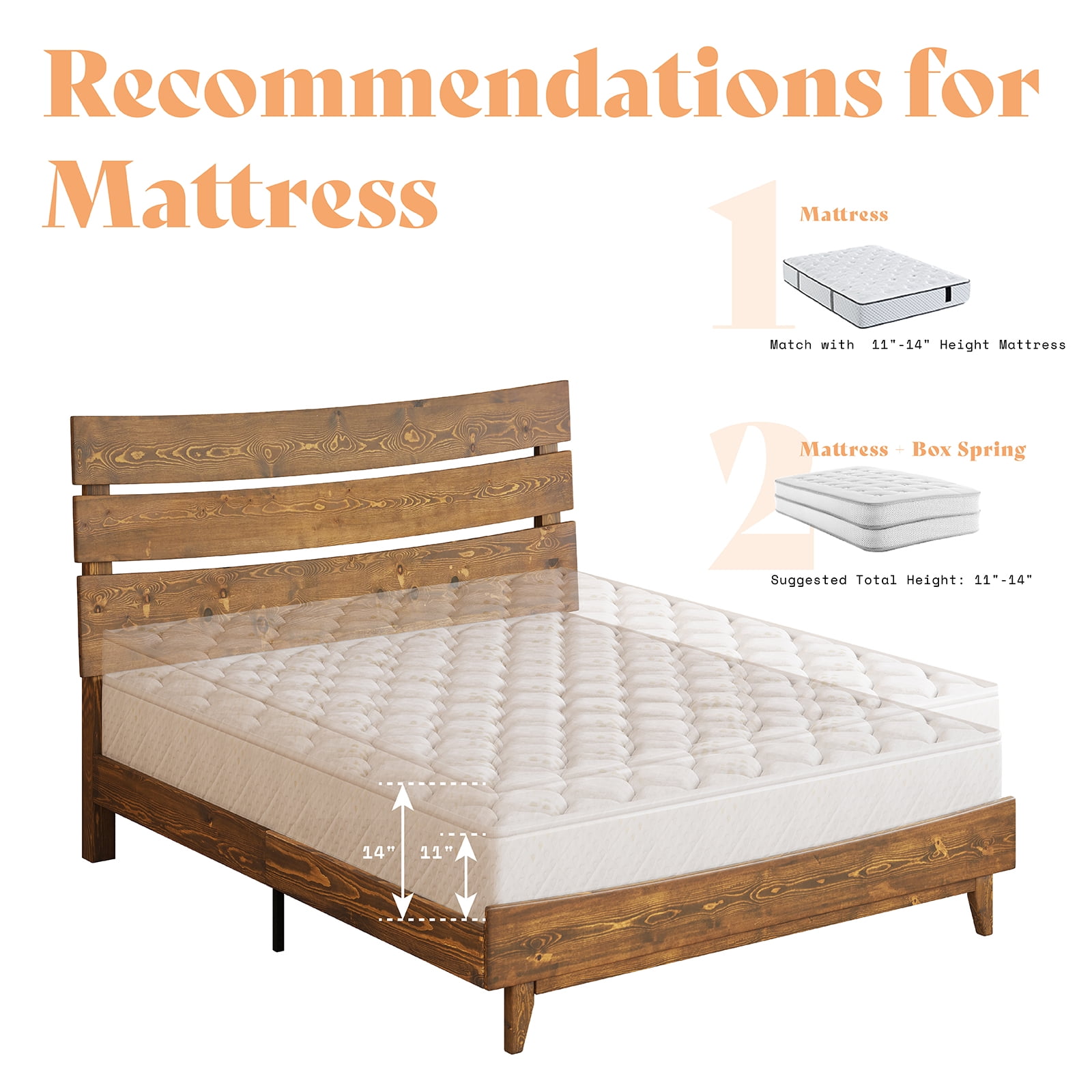 VanAcc Queen Size Solid Wood Bed Frame Platform with Wooden Headboard, Caramel