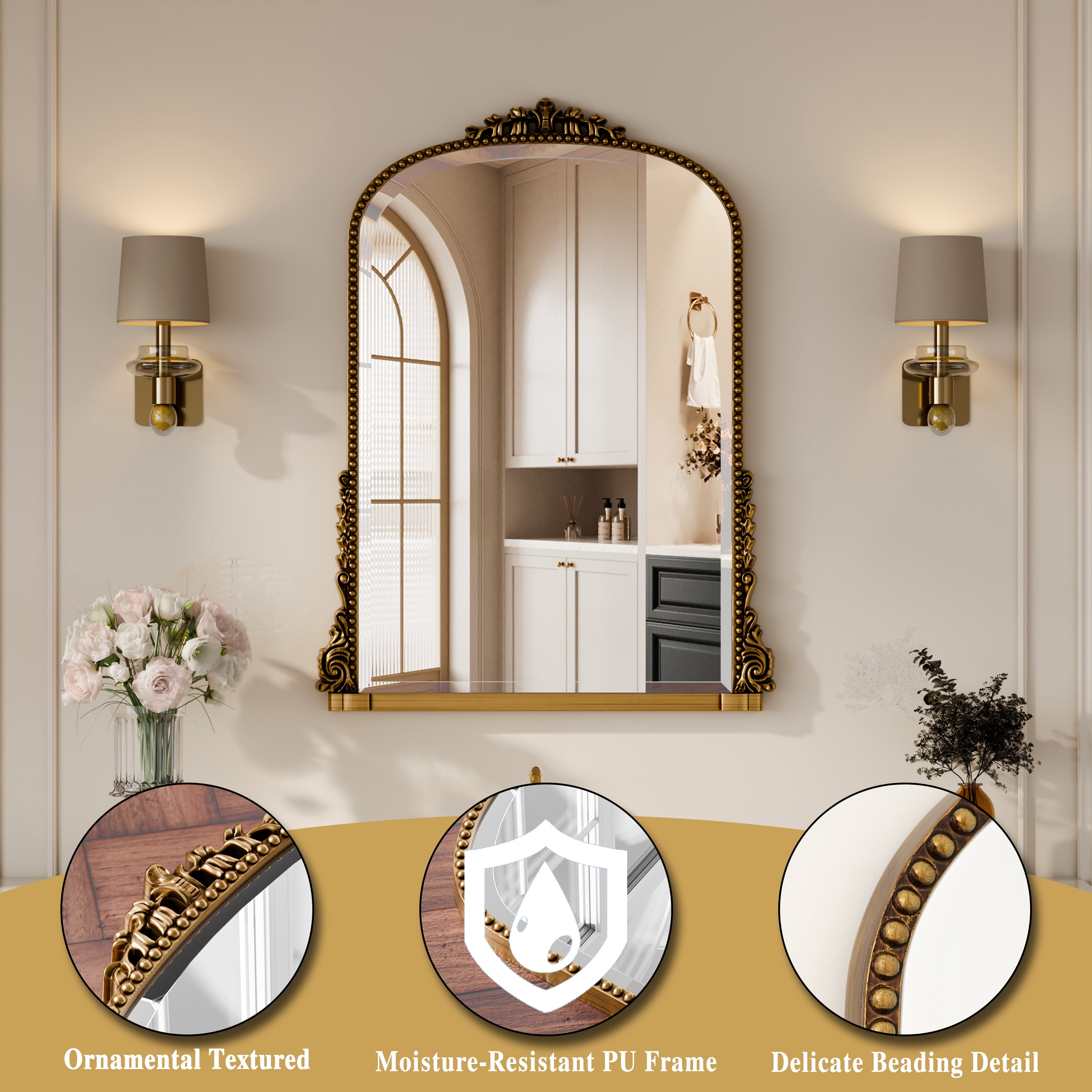 GRAHMCY 32"x 24" Arched Bathroom Mirror Hanging Vanity Mirror Decor Wall Mirror, Antique Gold