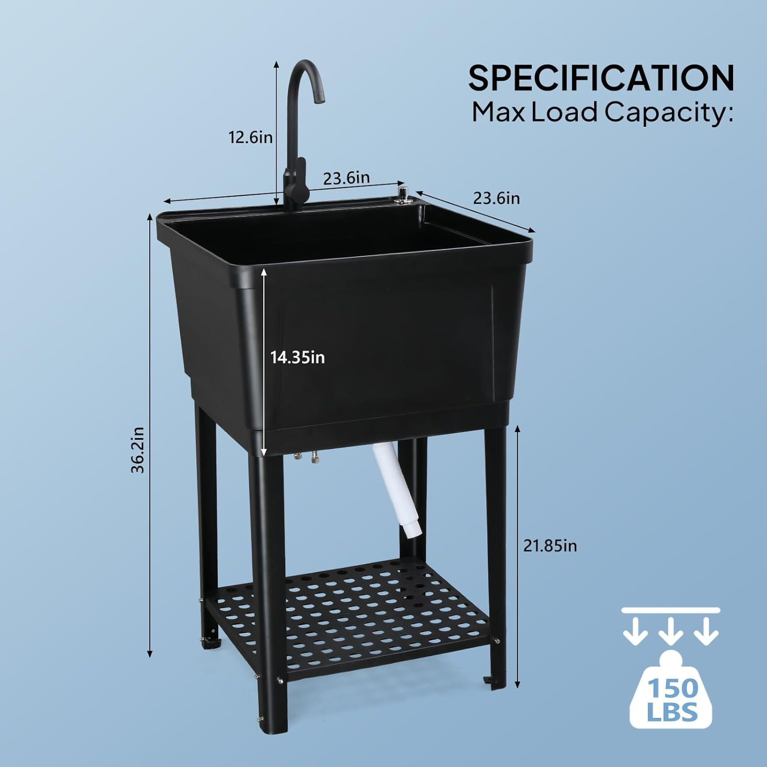 ROVSUN Plastic Utility Sink, Freestanding Sink with Hot&Cold Faucet, Soap Dispenser, Drain Plug and Iron Legs with Storage shelf, Perfect for Basement, Laundry Room, Garage, Black 23.6"×23.6"×36.2"