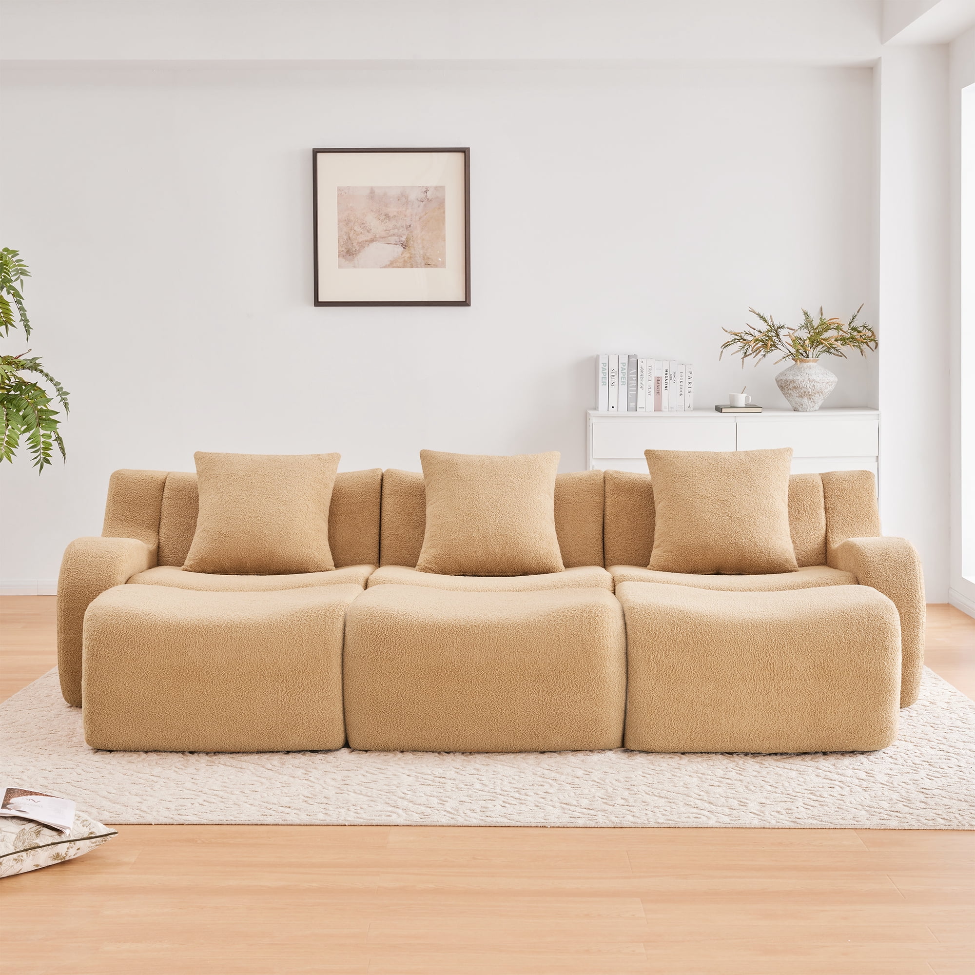 MAYEERTY 115.3" U-Shaped 3-Seat Teddy Fabric Boneless Sofa, Camel 300lbs/seat 32D Foam No Assembly Couch with Chaise for Living Room Media Room