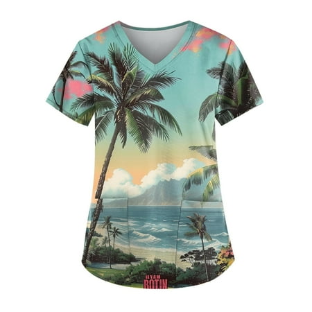 

Dorkasm Scrub Tops with Pockets Scrubs V Neck Short Sleeve Hawaiian Tropical Work Blouses for Women Loose Fit Medical Ladies Tops Blue S