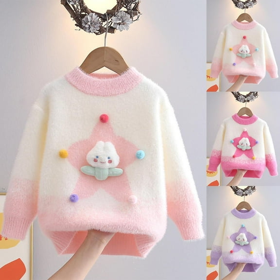 Fall/Winter Saving! HVOBTTY Kid's Daily Knited Sweater, Toddler Fall Pullover Sweater, Kids Girls Soft Comfortable Print Crewneck Long Sleeve Knit Sweater Pullover Top Pink, 5-6 Years