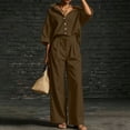 thumbnail image 6 of Women's Linen 2 Piece Outfit Oversized Button Down Shirts High Waist Pleated Wide Leg Pants Matching Tracksuit Set office Casual Outfits Brown, 6 of 7