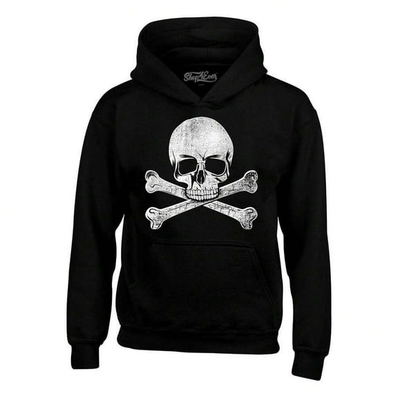 Shop4ever Distressed White Skull And Crossbones Hoodie Sweatshirts Funny Men's Hoodie, Pure Cotton Casual Black Hoodie