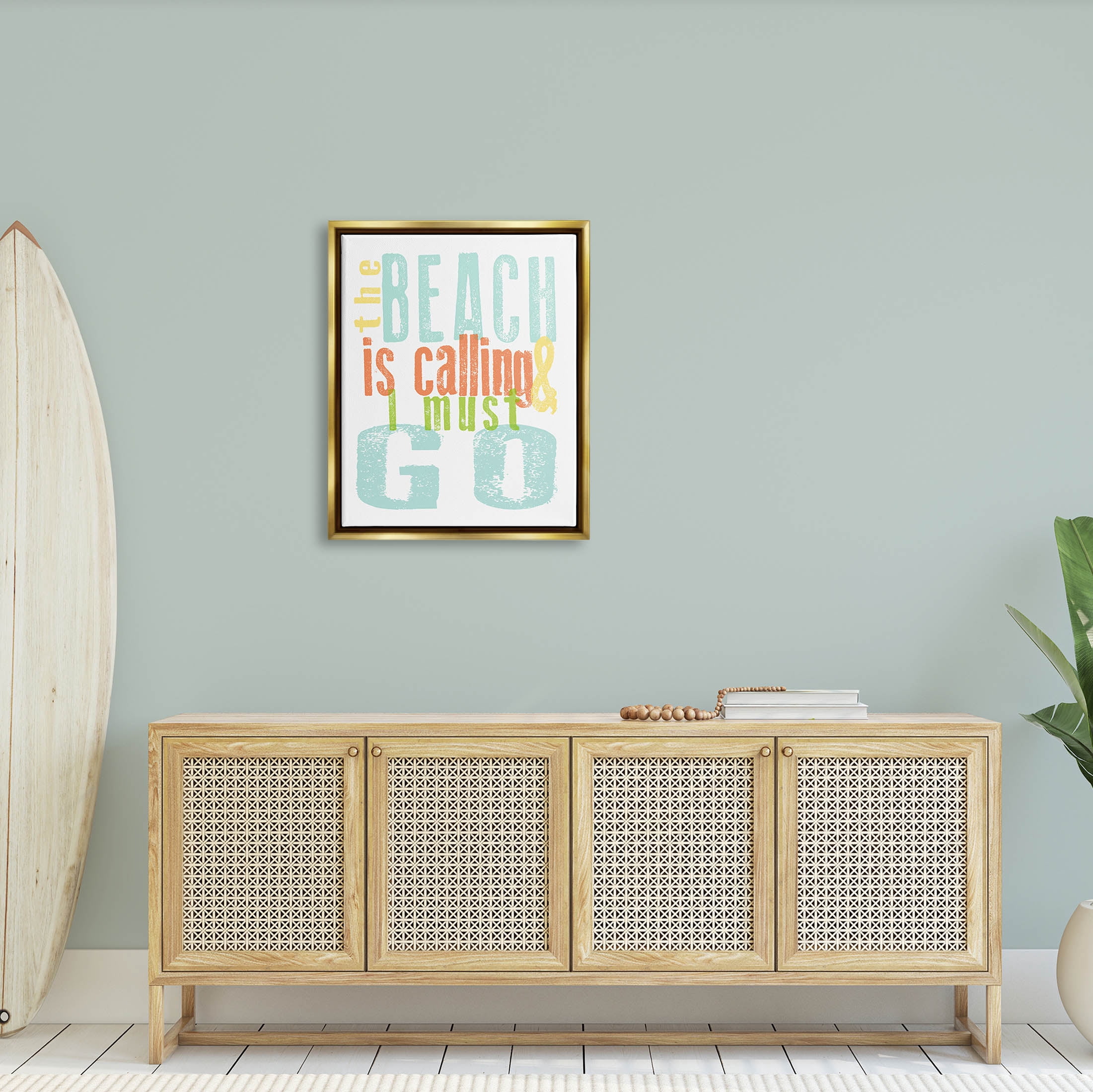 Stupell Industries Beach Is Calling I Must Go Phrase Graphic Art Metallic Gold Floating Framed Canvas Print Wall Art, Design by Alli Rogosich