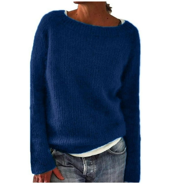 GPOECD Style Rétro Col Bateau Manches Longues Léger Chandail Tricoté Basique Ample pour Femmes Automne et Hiver 02_bleu Foncé,L