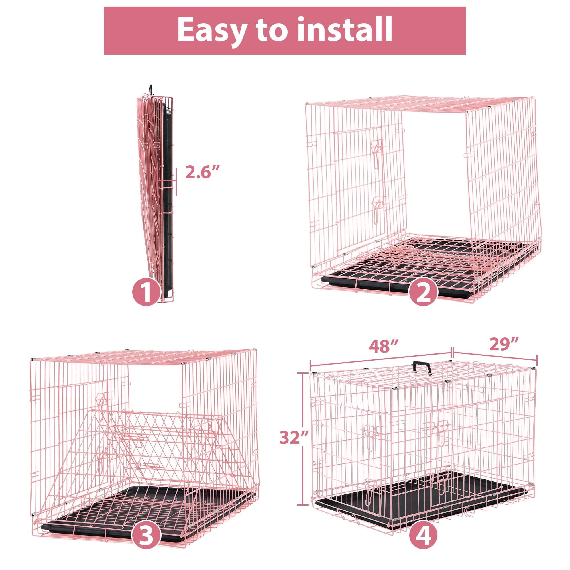 CL.HPAHKL 48 Inch Dog Crates for Large Dogs with Divider, Foldable Metal Wire Dog Crate with Double Door, Locks, Leak-Proof Pan Tray, Handle Metal Dog Kennel for Indoor, Outdoor, Travel, Pink