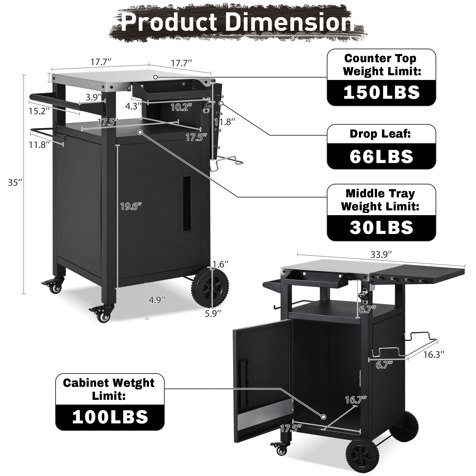 Aukfa 34" Outdoor Grill Cart with Weatherproof Cover, Compact Stainless Steel BBQ Table with Foldable Side Shelf, Black