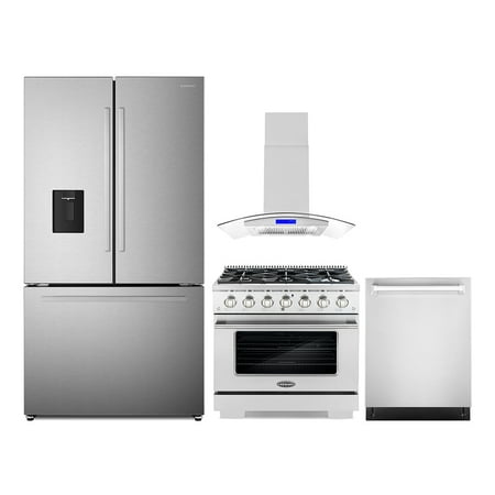 4 Piece Kitchen Package with 36  Freestanding Gas Range 36  Island Range Hood 24  Built-in Fully Integrated Dishwasher &amp; French Door Refrigerator
