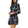 thumbnail image 4 of INSPIRE CHIC Women's Floral Long Sleeve Mini Dress Smocked Neck Ruffle Trim Chiffon Casual Dress Deep Blue L, 4 of 6