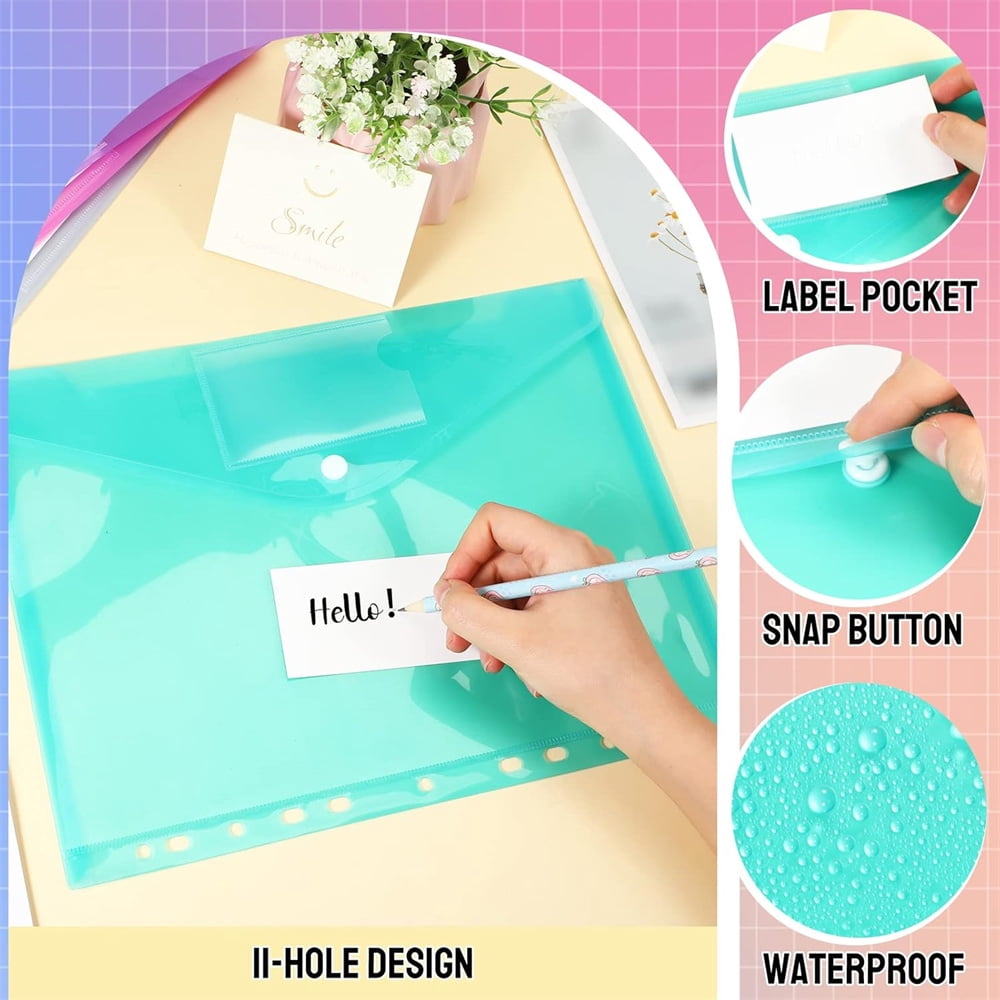 6 Assorted Color Document Folders,Plastic Binder Pocket with Snap Button and Lable,11 Holes Poly Filing Envelopes,Letter A4 Size Expandable File Pouch,Home Work Office Organizer,Set of 12