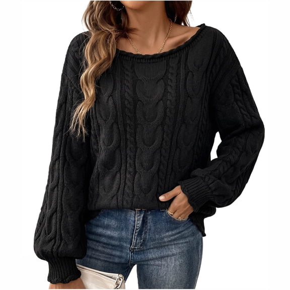 lcziwo Womens Long Sleeve Sweaters Casual Soft Cable Knit Crew Neck Sweater Casual Oversized Solid Color Winter Pullover 2026 Black,S