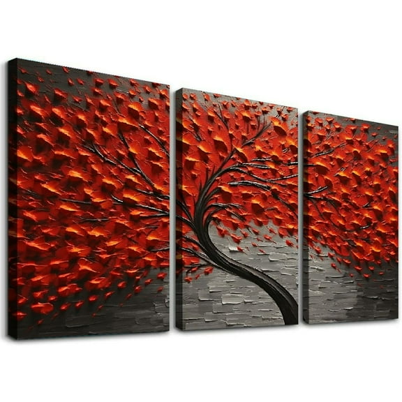 JRXY  - Modern Abstract Painting Red Tree 3D Oil Painting Hand Painted On Canvas Abstract Artwork picture Wall Art for living room office Decoration   Corporate Office 12''x16''X3 Panels 12x16x3pcs